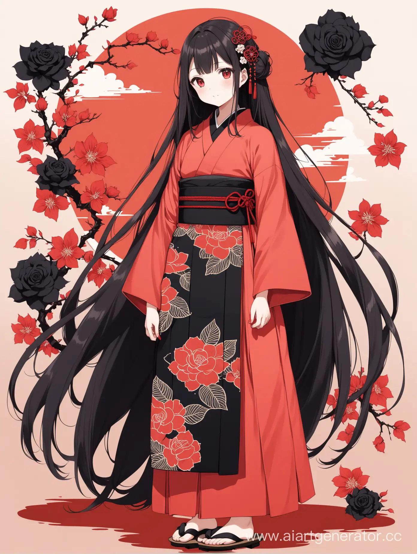 молодая девушка ростом 163 см, эктоморфного типа телосложения, с глазами алого цвета и чёрными очень длинными густыми волосами, одетая в кораллово-красное кимоно с узором в виде чёрных роз, чёрно-красная хакама, гета