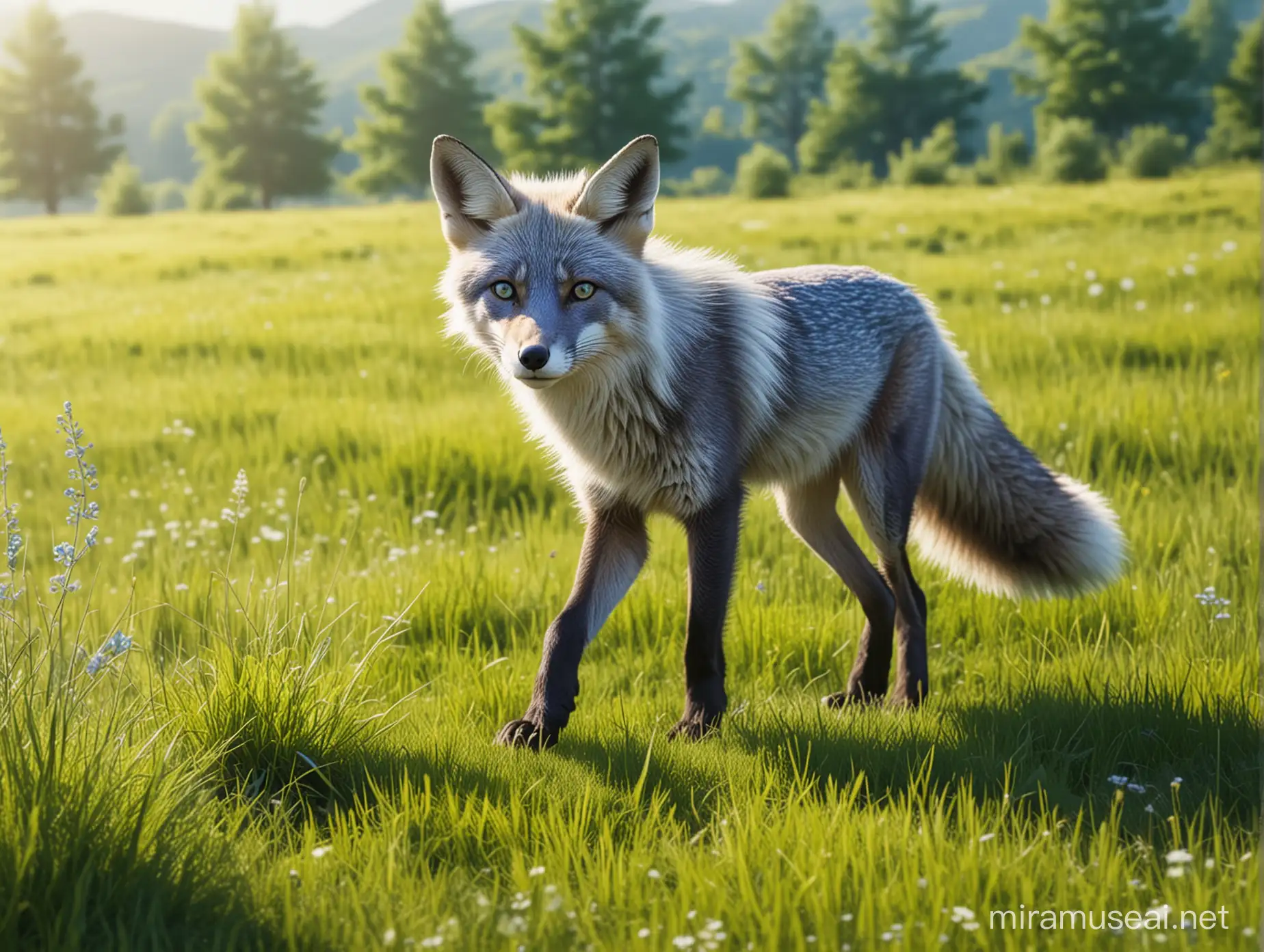 create realistic picture of blue fox in the foreground walking on the green meadow in sunny day