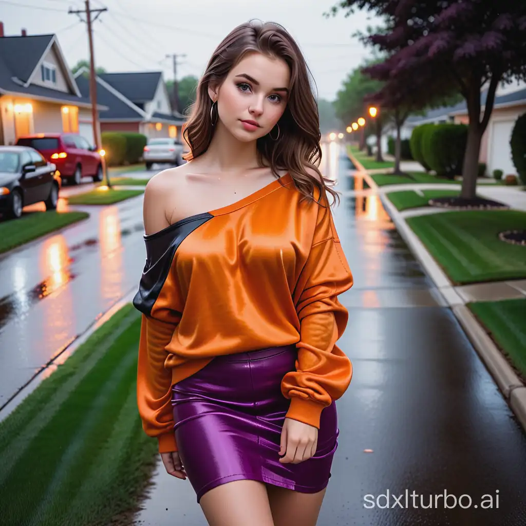 Gorgeous 23 year old All-American girl wearing a one off-the-shoulder slouchy loose fitting orange satin sweatshirt and dark magenta black leather long skirt. Night rainy suburban landscape