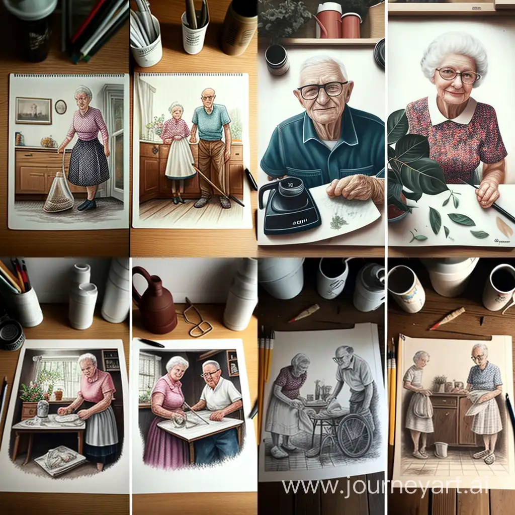 Two grandparents do housework hand drawn paintings