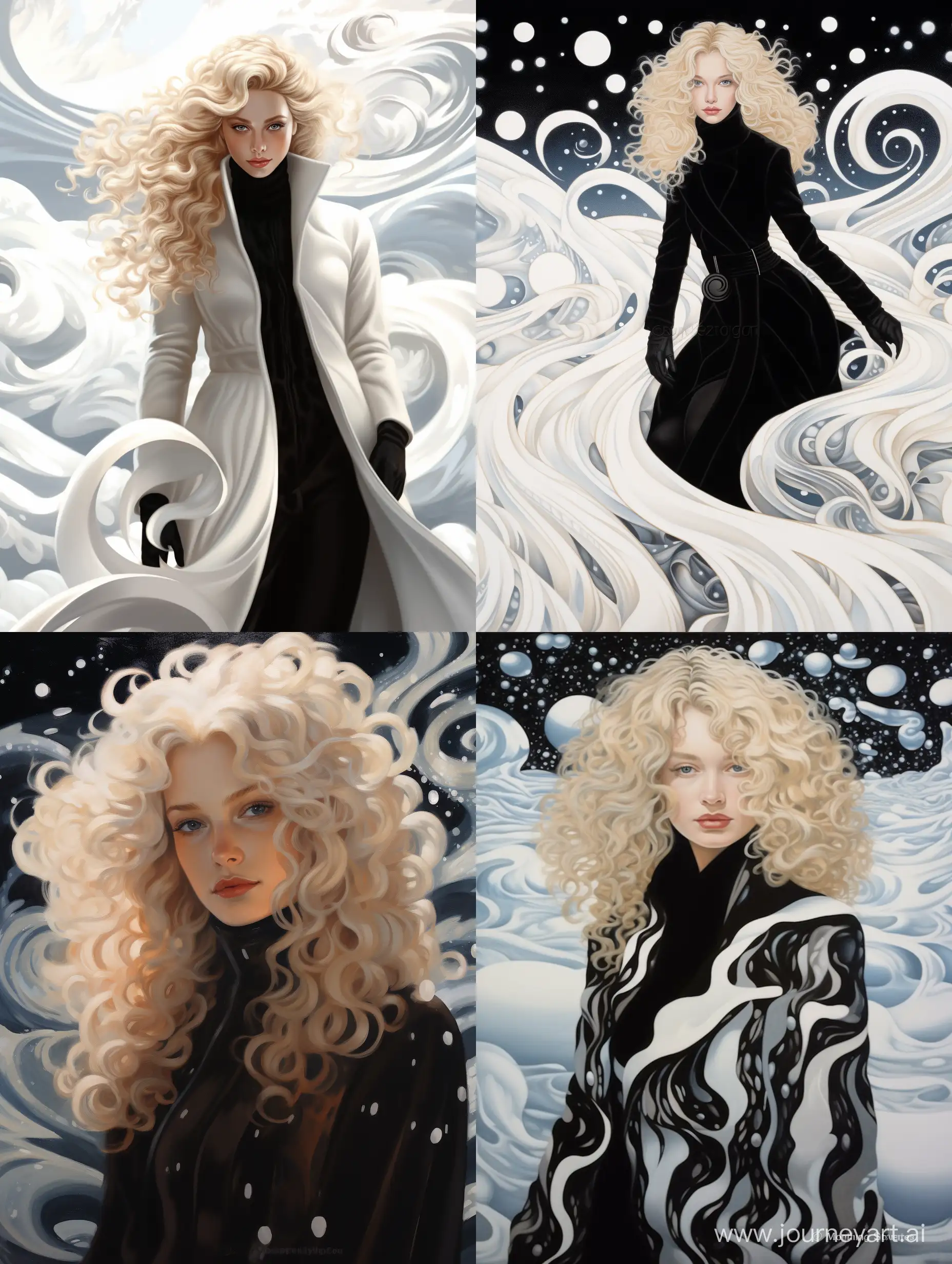 <face:6835:1> woman in full-face, wavy hair, blonde, wearing white coat, black boots, lights, glamor, snow swirls