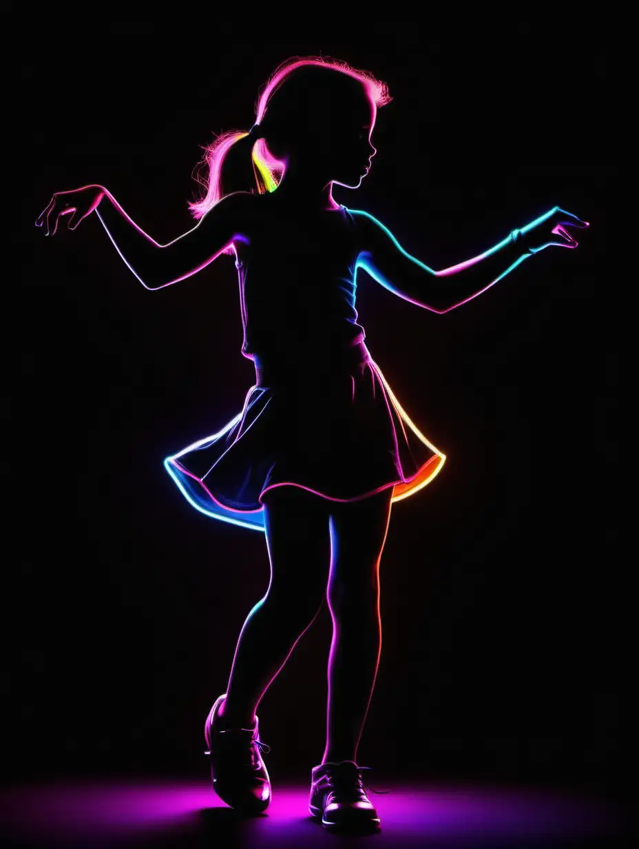 dancing pre-teen silhouette in neon colors, black background, having fun