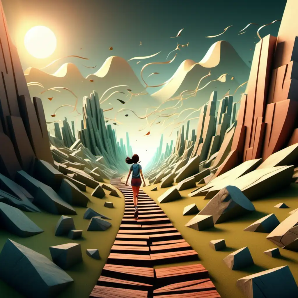 Create a 3D illustrator of an animated scene which envision someone taking a bold step forward symbolizing the journey of self confidence the surroundings might includes symbolic elements like a path stewn with obstacles, with the individual confidently navigating through, showcasing both resilience and the courage to embrace challenges head-on. Beautiful and spirited background landscape illustrations.