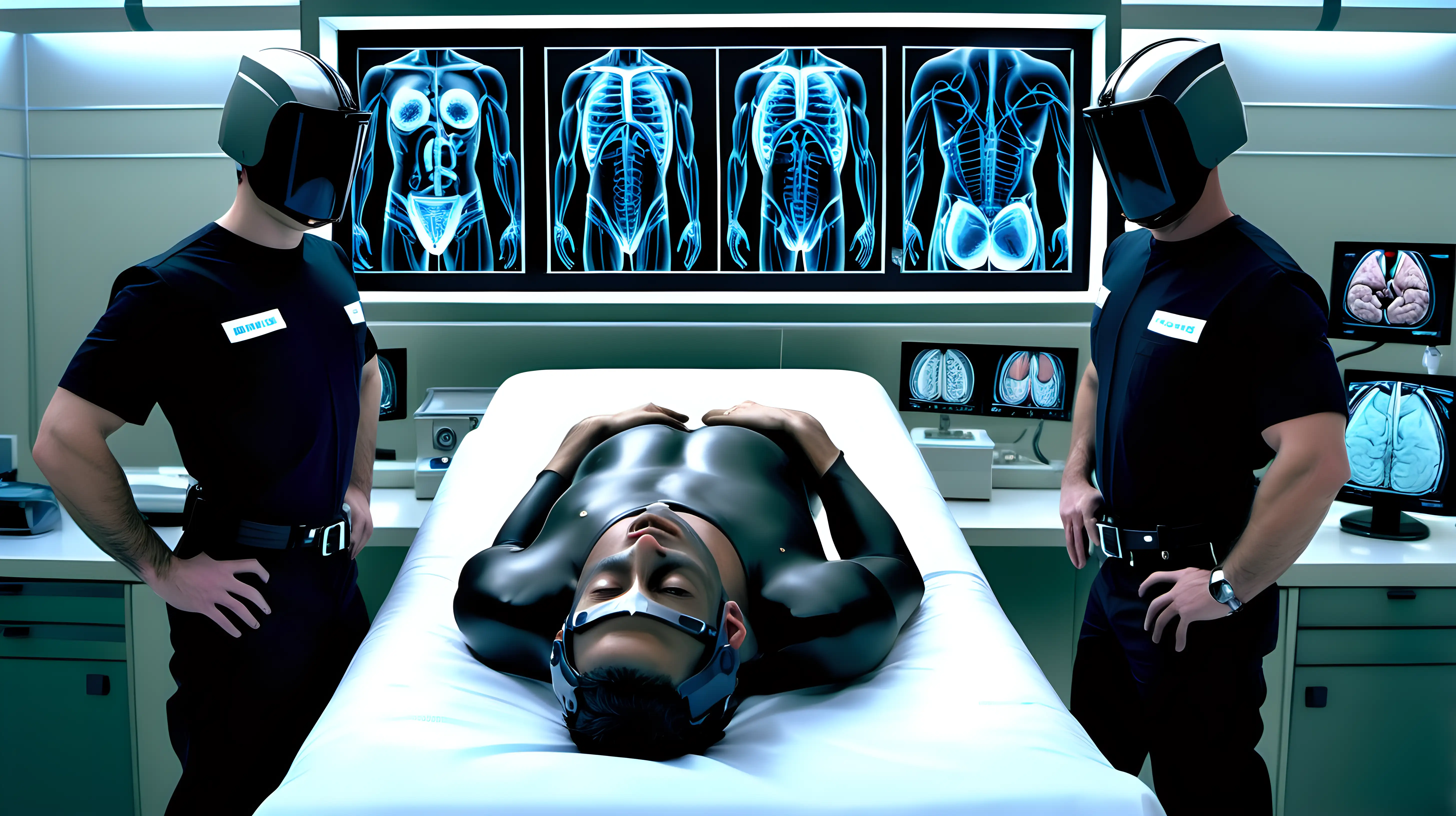 facing forward three men wearing only tight black rubber underwear stand side by side behind a medical exam table with a man laying flat on his back on the exam table wearing only a pair of black rubber underwear and tight fitting police helmet on his head in a futuristic high tech medical research laboratory with larges screens in the background showing images of human male bodies and brains, --ar 2:3 --v 6.0