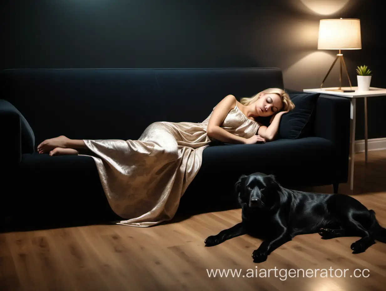 blonde lady in night dress sleep on sofa in office after working and black dog laying on floor, night light