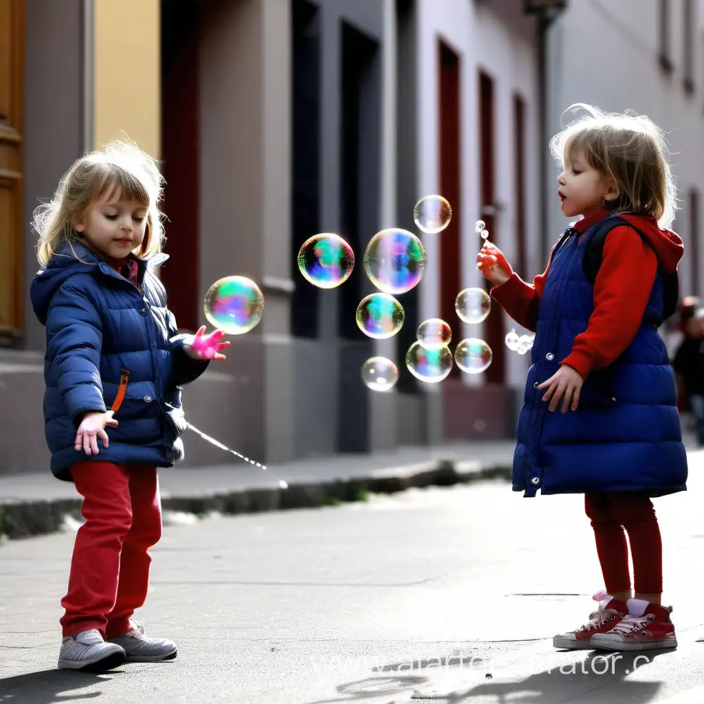 Дети 4-6 лет играют на улице с мыльными пузырями 