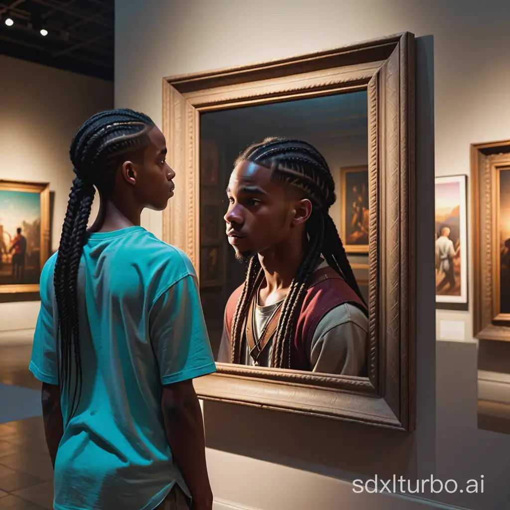 a black male teen with long braids, looking at a large empty frame in a dimly lit museum, concept art