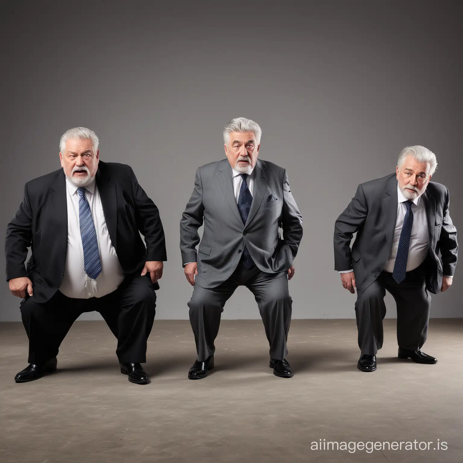 Three fat men, all 80 years old businessman, shot height, both wearing suits, black loafers, grey hair,  embarrassing face, bending down, full body shot, full body shot, office background, dramatic lighting