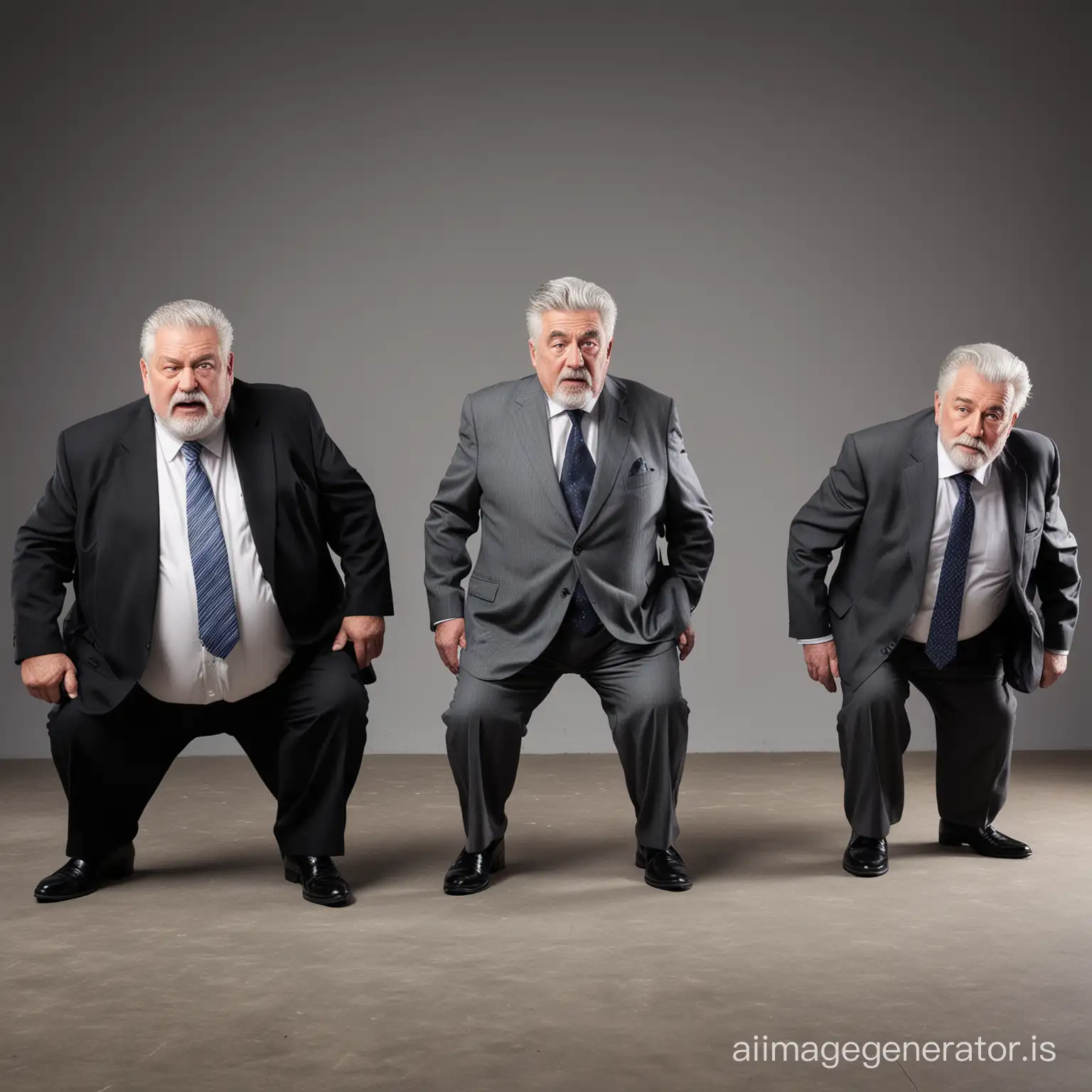 Three fat men, all 80 years old businessman, shot height, both wearing suits, black loafers, grey hair,  embarrassing face, bending down, full body shot, full body shot, office background, dramatic lighting
