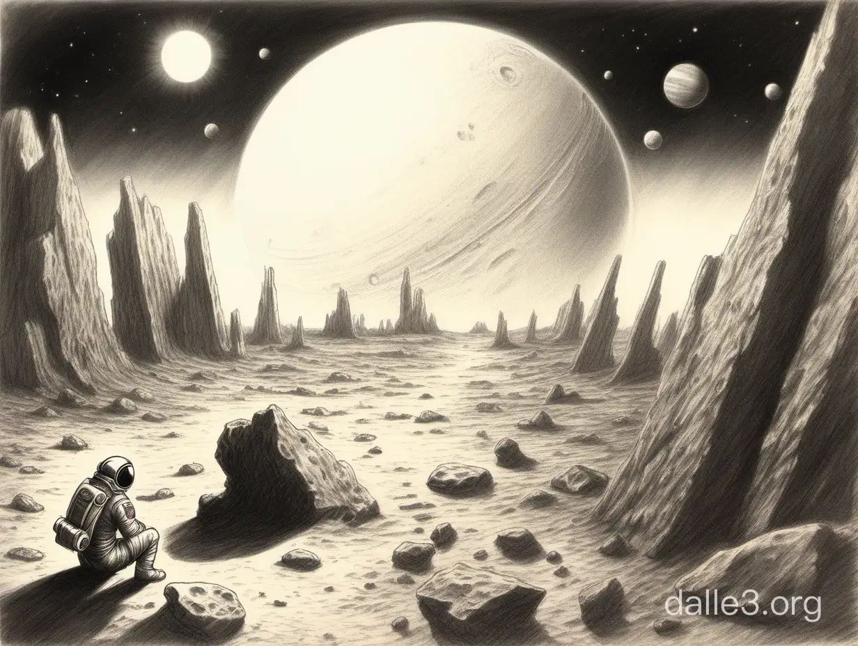 Old pencil drawing. Unknown rocky planet with an atmosphere, and there are two suns in the sky. An astronaut is sitting and leaning on a rock. There is a broken landing module nearby and rocks in the background.