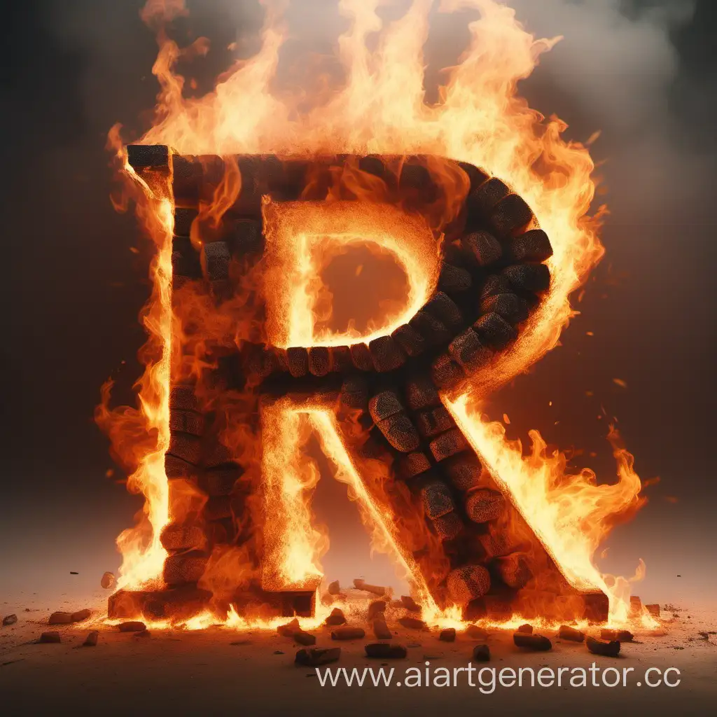 Буква R латиского алфавита близко к экрану, охваченную огнём, будто сейчас сгорит