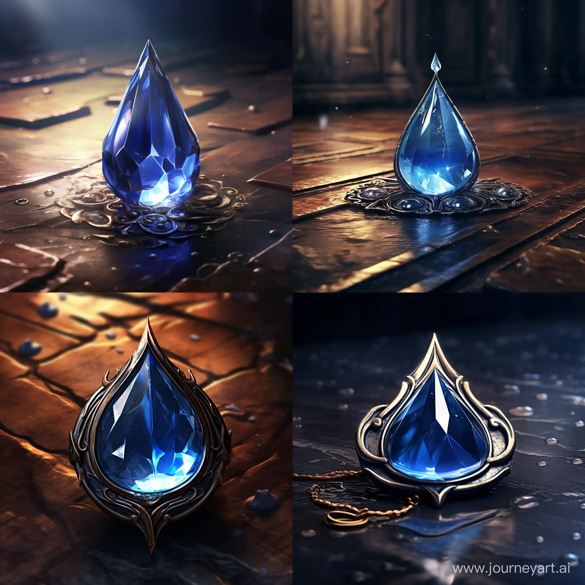 Dark-Fantasy-Sapphire-Water-Drop-Emblem-on-Stone-Floor