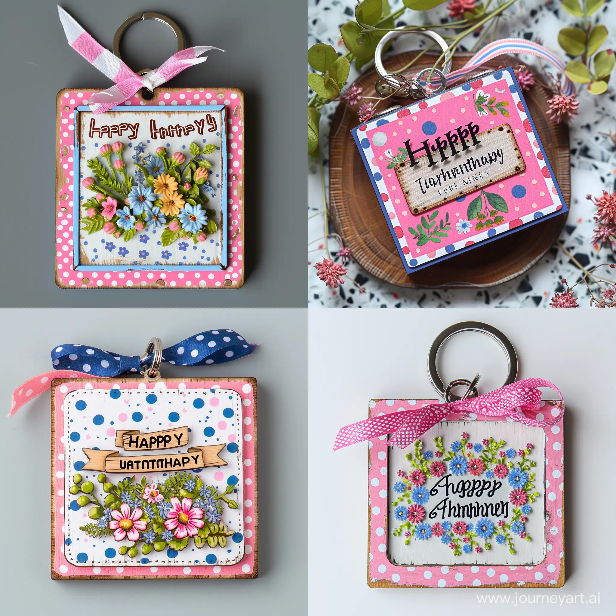 A square wooden keychain, add ribbon text "happy anniversary ", bright premium pink + white + blue polka dot, filled with flowers+leaves, ultra realistic, 8K