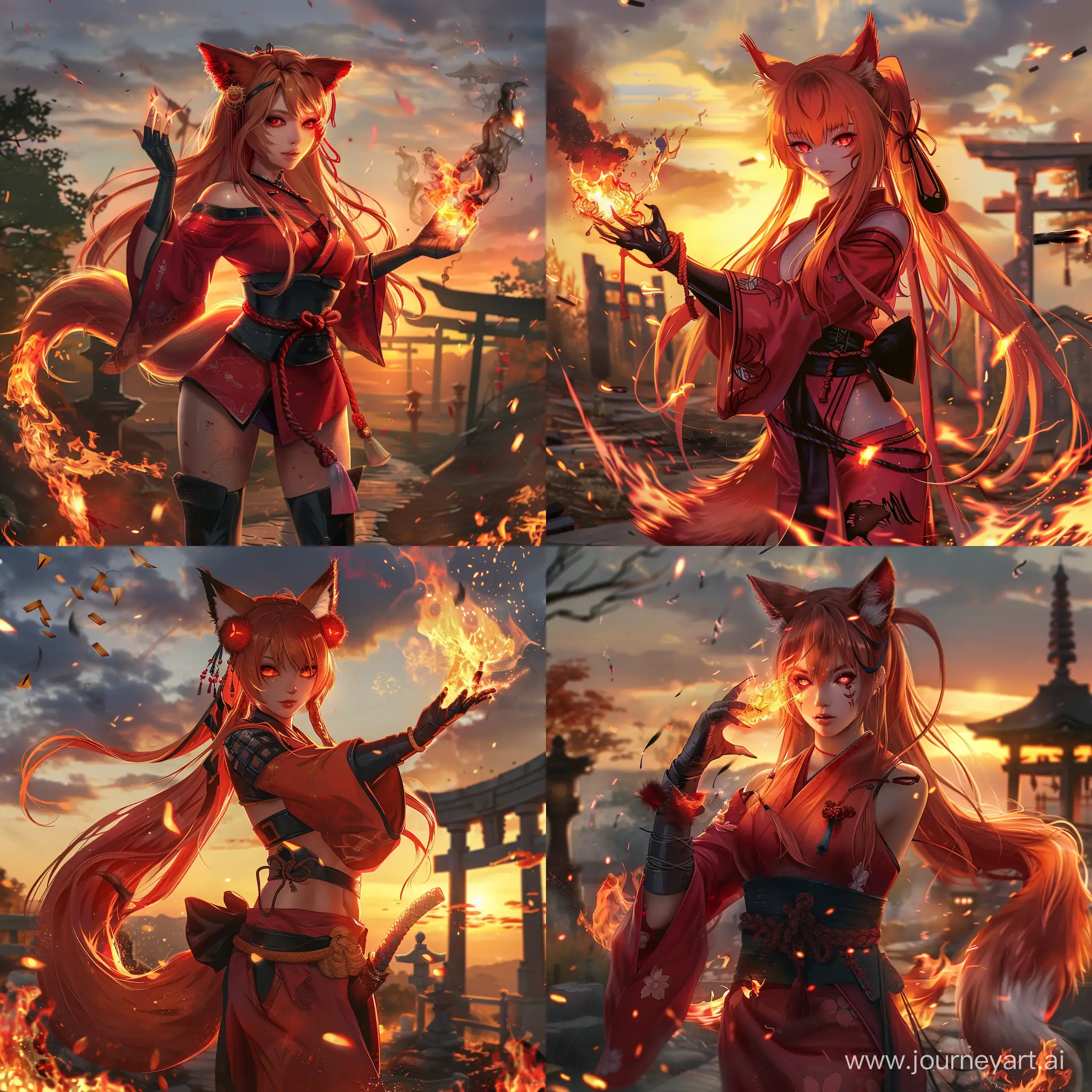 Fiery-Red-Fox-Girl-Practicing-Martial-Arts-at-Sunset-by-Shinto-Shrine