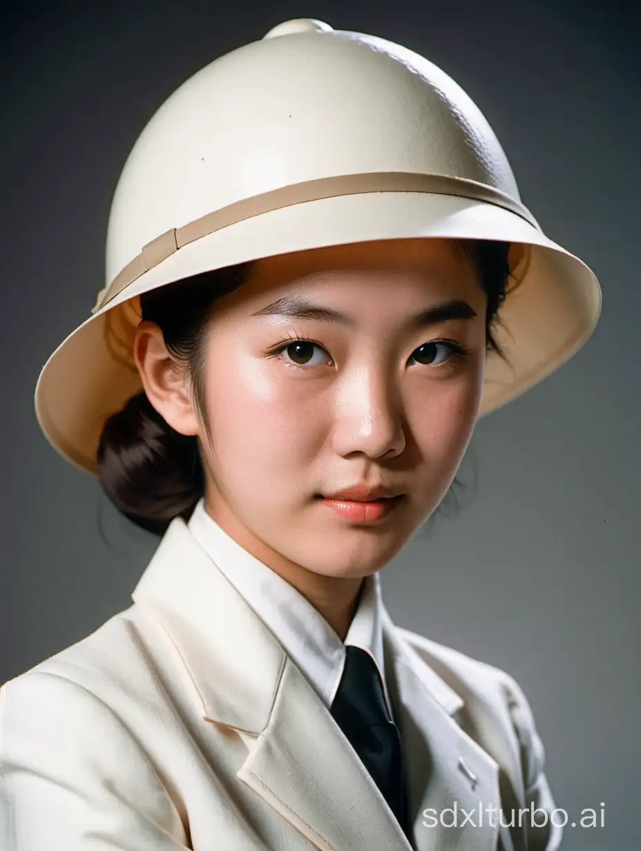 A color head photo of a 19 years old young Japanese woman in a White suit and a white pith helmet.1955