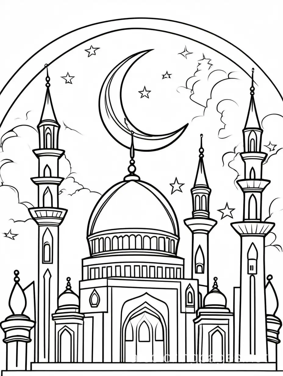 A mosque with minarets and a crescent moon, Coloring Page, black and white, line art, white background, Simplicity, Ample White Space. The background of the coloring page is plain white to make it easy for young children to color within the lines. The outlines of all the subjects are easy to distinguish, making it simple for kids to color without too much difficulty, Coloring Page, black and white, line art, white background, Simplicity, Ample White Space. The background of the coloring page is plain white to make it easy for young children to color within the lines. The outlines of all the subjects are easy to distinguish, making it simple for kids to color without too much difficulty