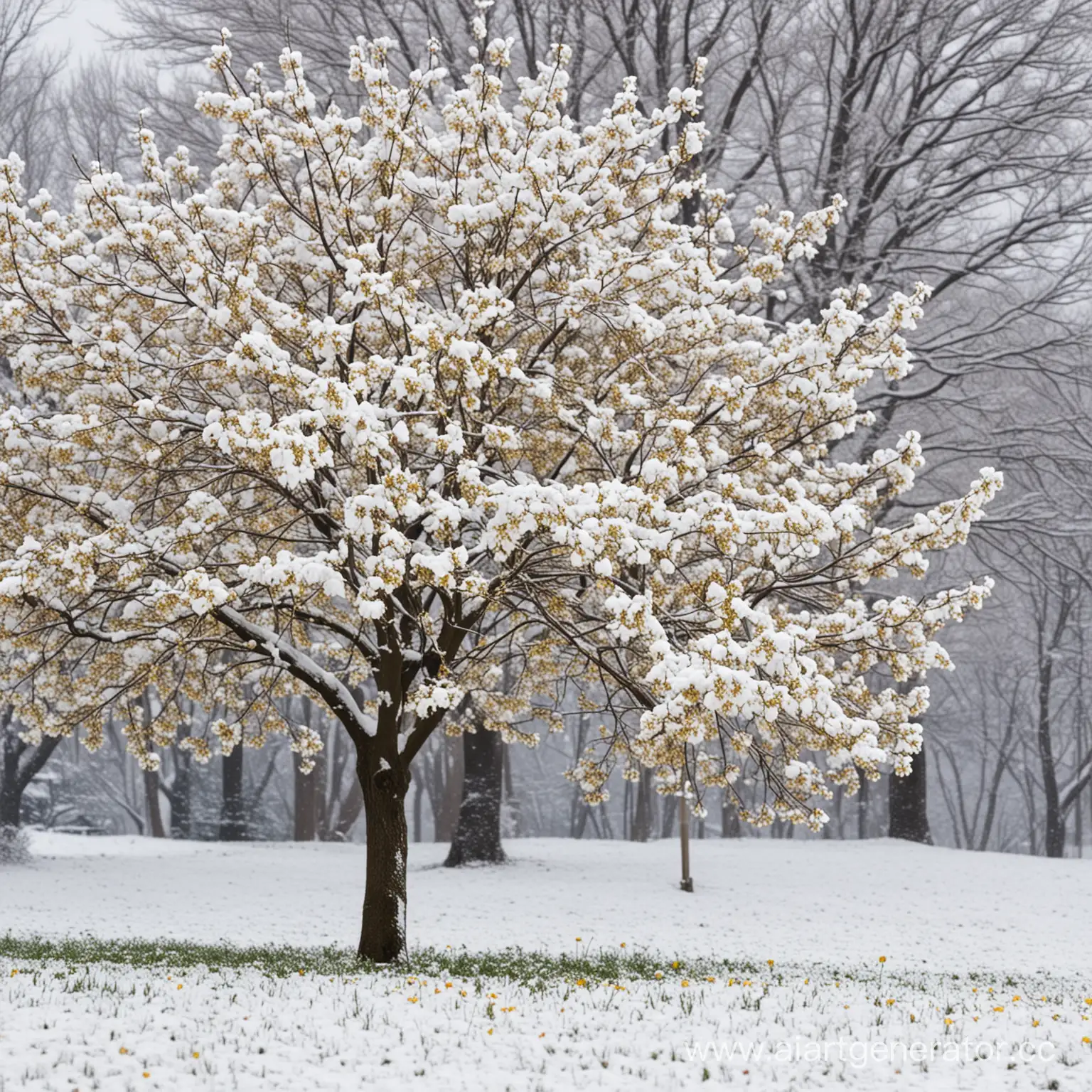 Blooming-Spring-Flowers-Surround-SnowCovered-Tree