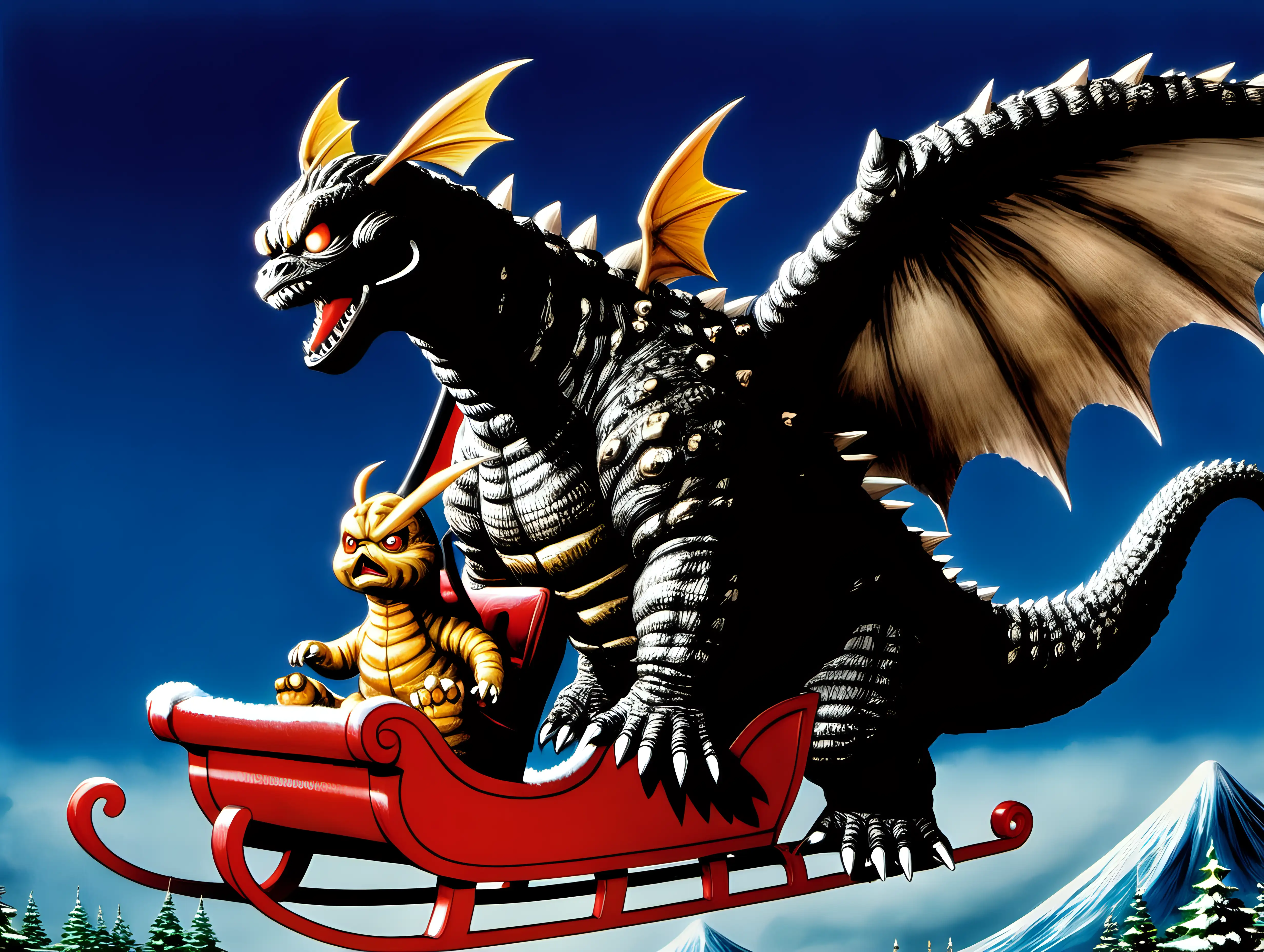 Epic Christmas Adventure Godzilla and Mothra Soar in Santas Sleigh