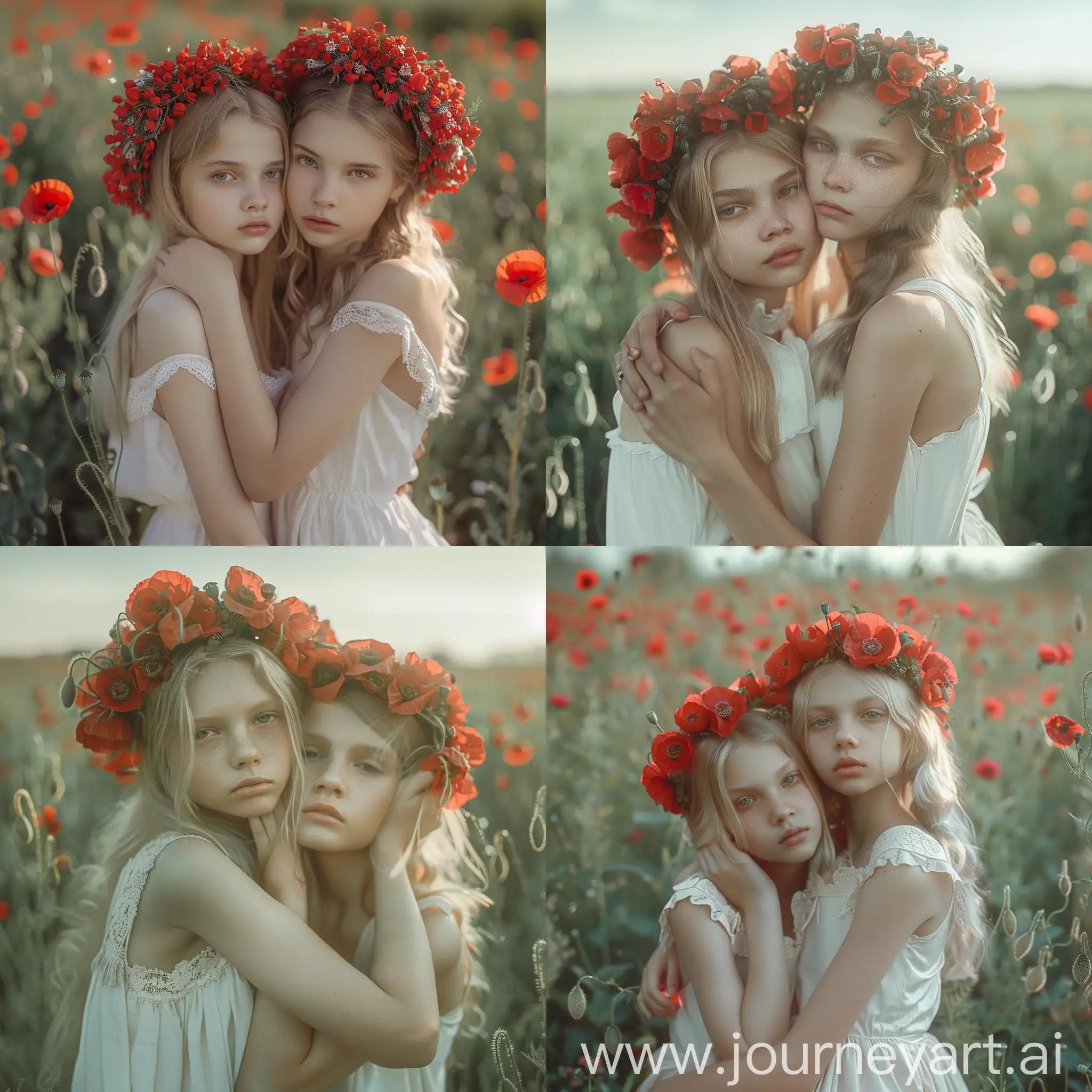 Sisters-in-White-Dresses-with-Red-Poppy-Wreaths