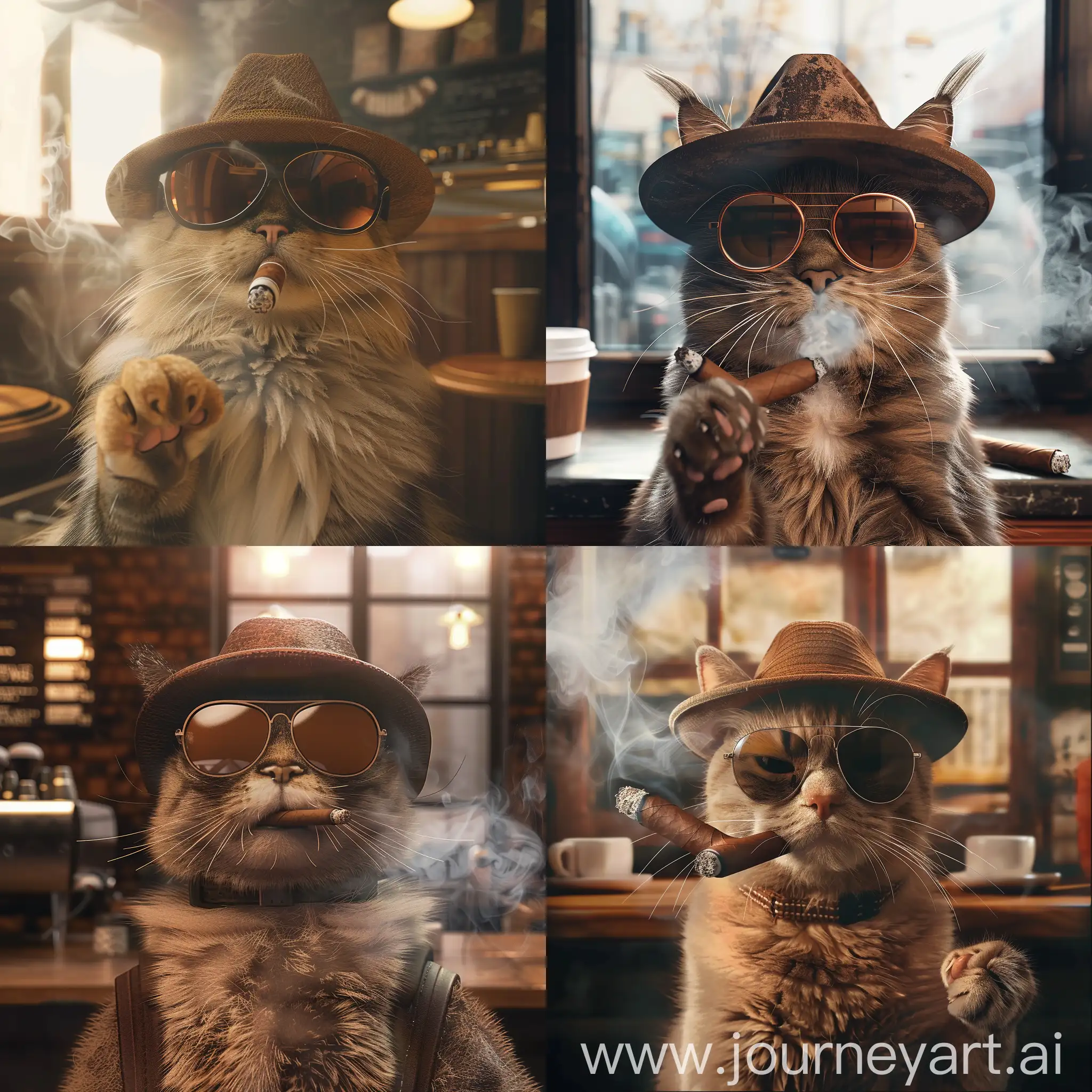 a cat with sunglasses and a brown hat , in coffee shop, smoking cigar, foggy air, cinematic, 8k, ultra sharp