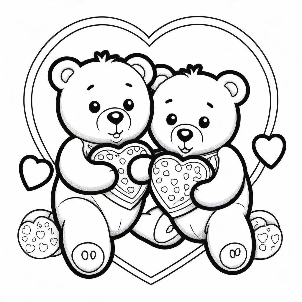 Adorable Teddy Bears Coloring Page with HeartShaped Cookies