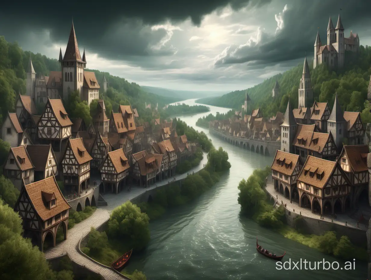 epic medieval town on a wide river in an overcast fantasy forest landscape, highly detailed digital painting
