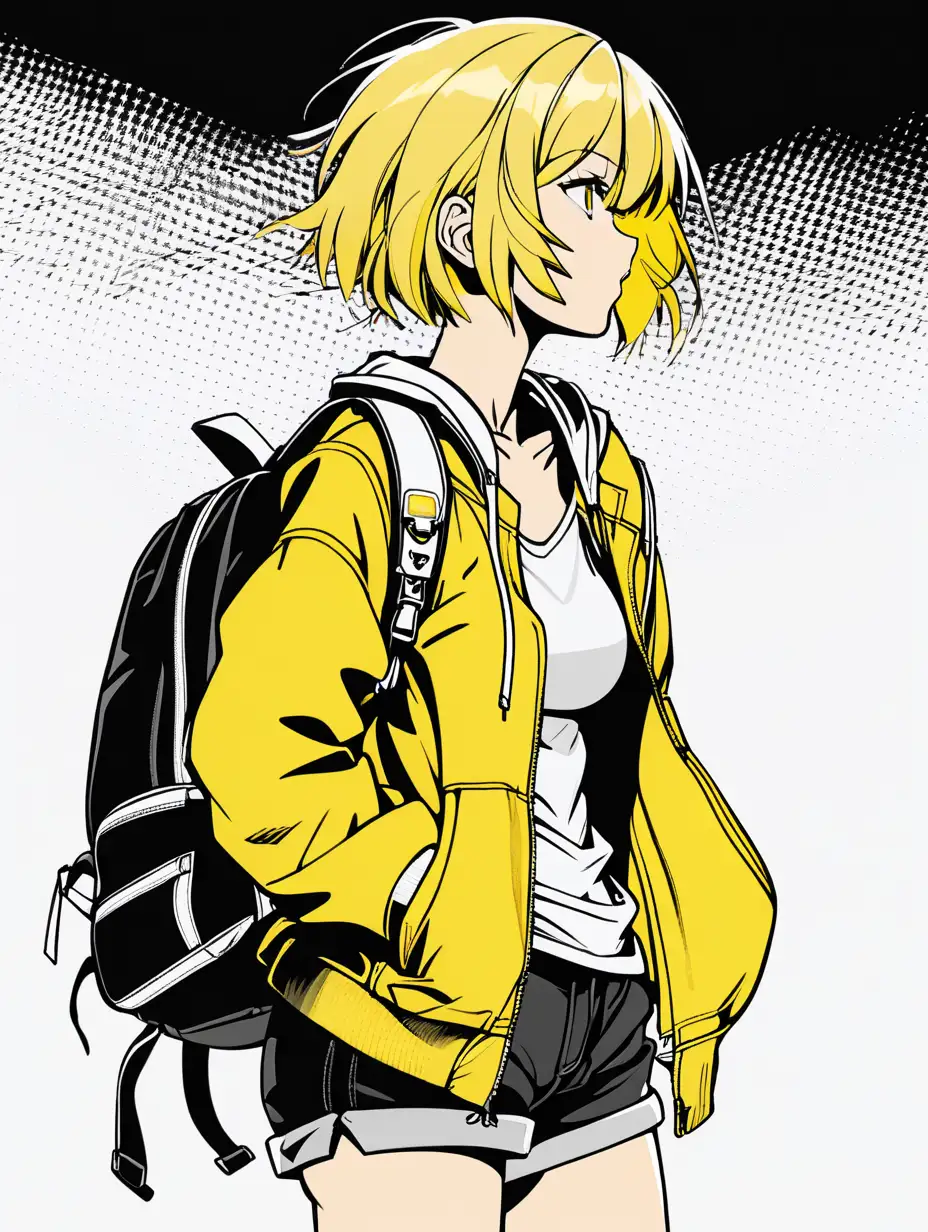 anime adult woman hero short yellow hair with black highlights yellow jacket sexy exposed midriff short white tshirt exposed cleavage short black shorts black boots posterized halftone yellow black white 3 color minimal design wearing backpack full body shot profile gazing into the distance hair blowing in the wind
