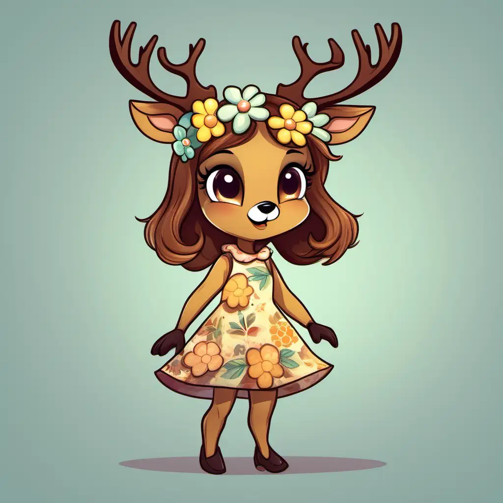 in cartoon style, an anthropomorphic little girl deer, with brown hair, wearing flower dress full body, head to image, in dynamic position