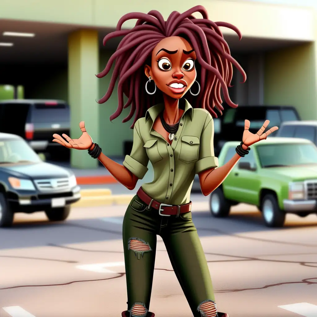 Inquisitive African Woman in Stylish Green Shirt and Black Jeans Caricature