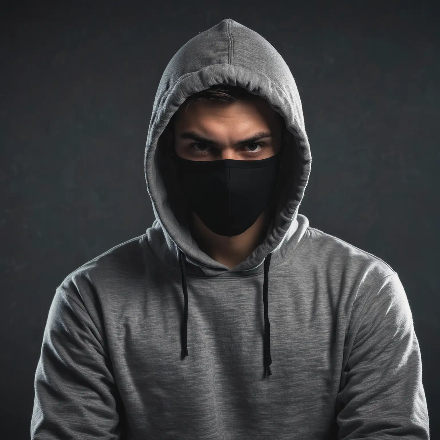 hacker in hoodie and mask, 24 year old, serious expression, dark computers room background