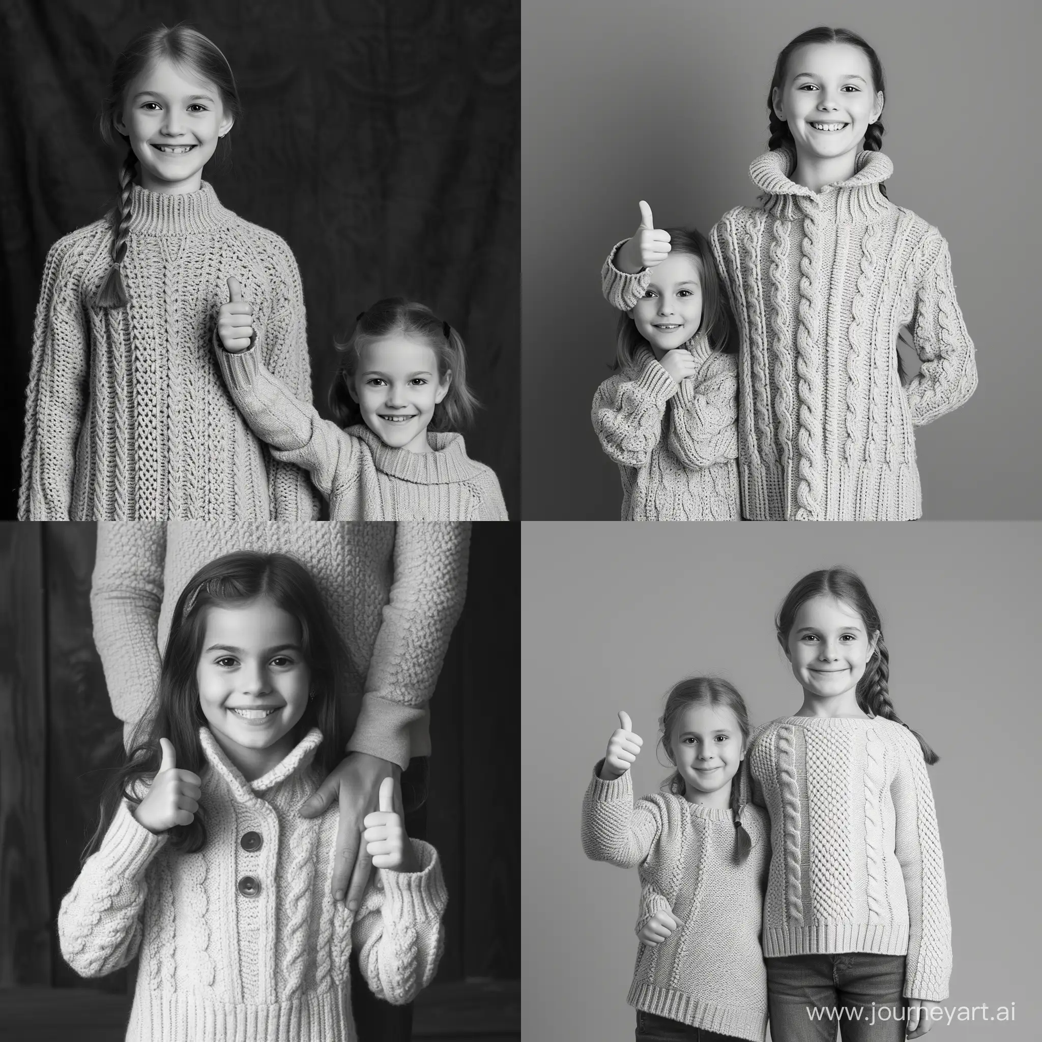 A girl of about ten stands half her height, wearing a light-colored sweater, smiles and gives a thumbs up
