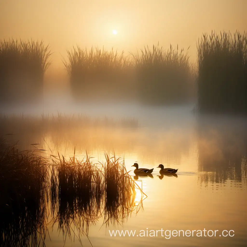 четыре утки плавают в озере среди камышей в тумане в рассветных сумерках
