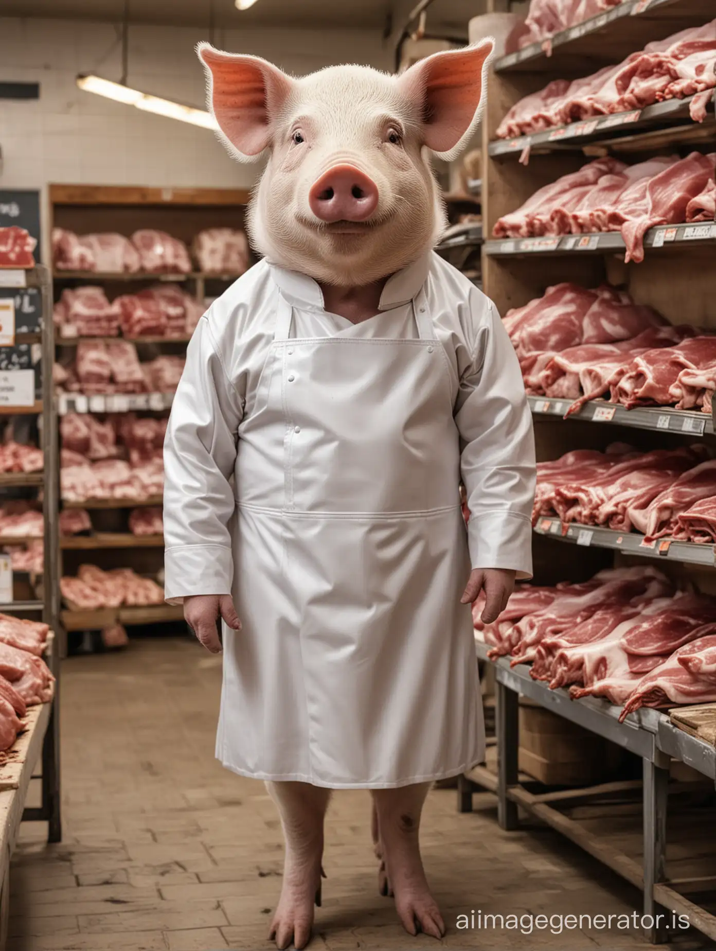 A pig who wears white dress and leather suit on work as butcher in meat store