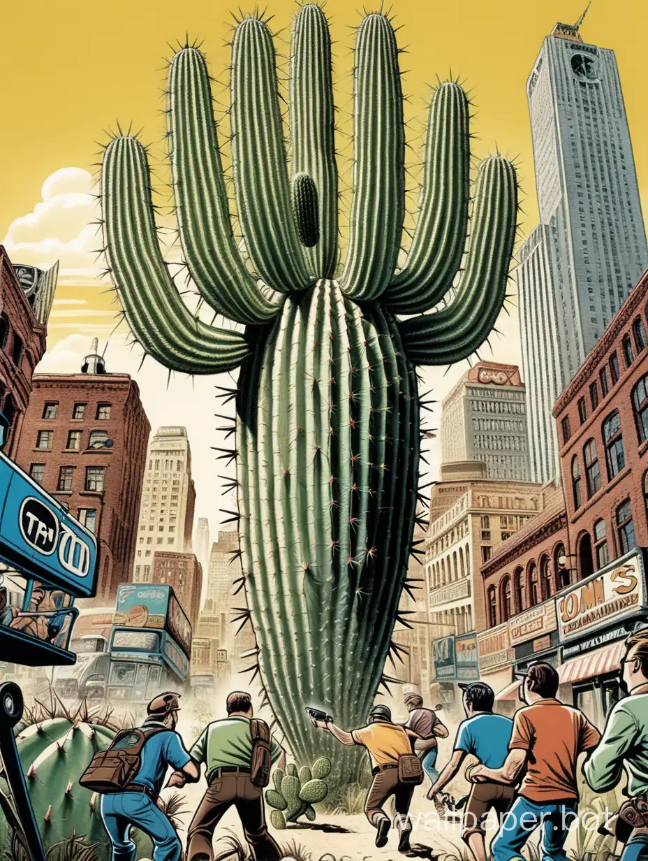 amazing Illustration, A giant monster cactus invades a city with a sony a7iii camera on the gimbal filming, and several videographers running in fear. vintage comic book cover style