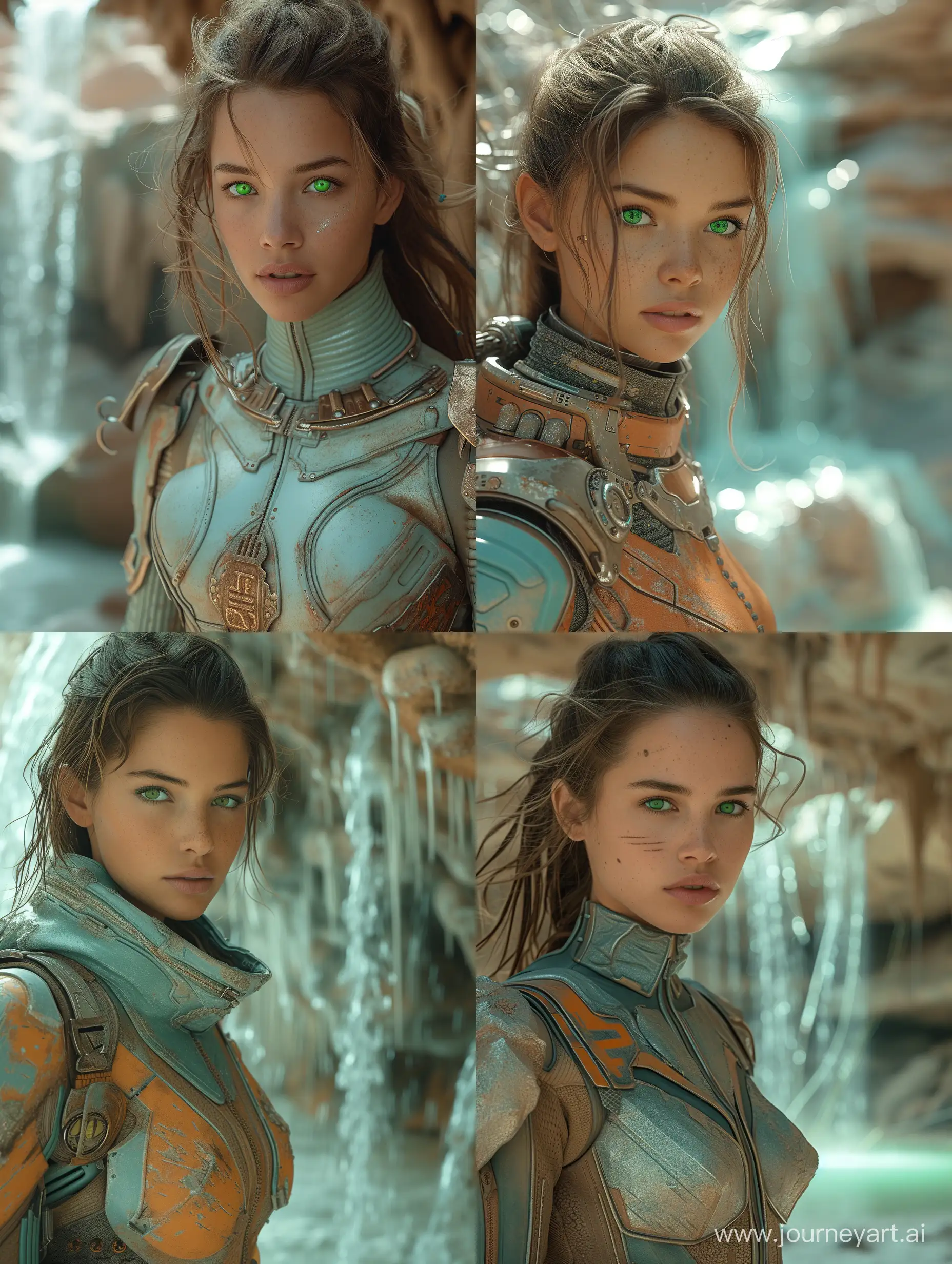 beautiful woman with green eyes in futuristic armor in a desert on a Mars-like planet, where a cascade of silver water cascades over trees that look like moldy mushrooms, centered, light blue and dark bronze, random rips, sharp/thorny, scout core, dau al set, depicts real life, leather/leather --ar 3:4 --stylize 750 --v 6