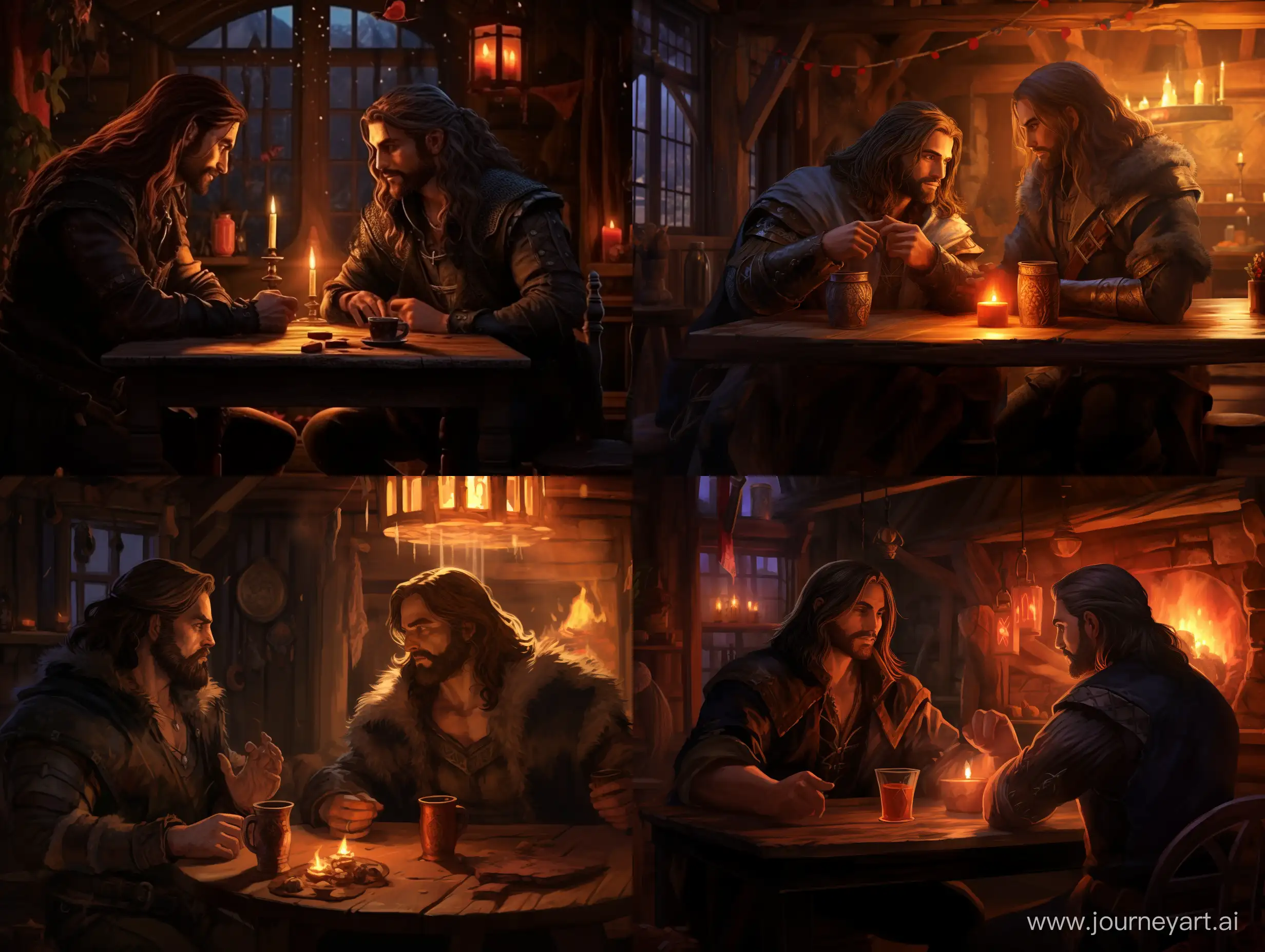 двое мужчин, один со светлыми длинными волосами, другой с гутсой чёрной бородой и длинными волосами, сидят друг напротив друга в таверне, стиль тёмного фентези, вечер, таверна освещена лёгким светом от свечей