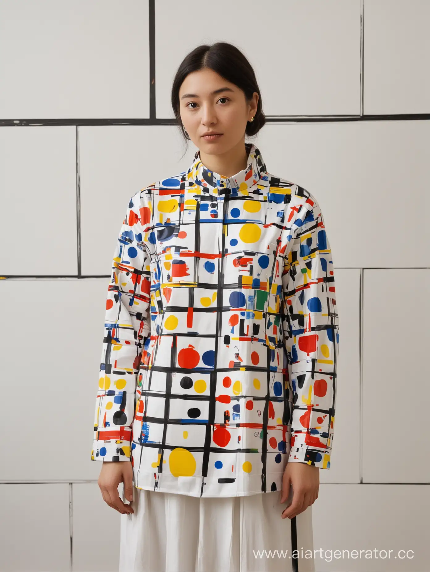 create a painting based on the work of artists Piet Mondrian and Yayoi Kusama. 
