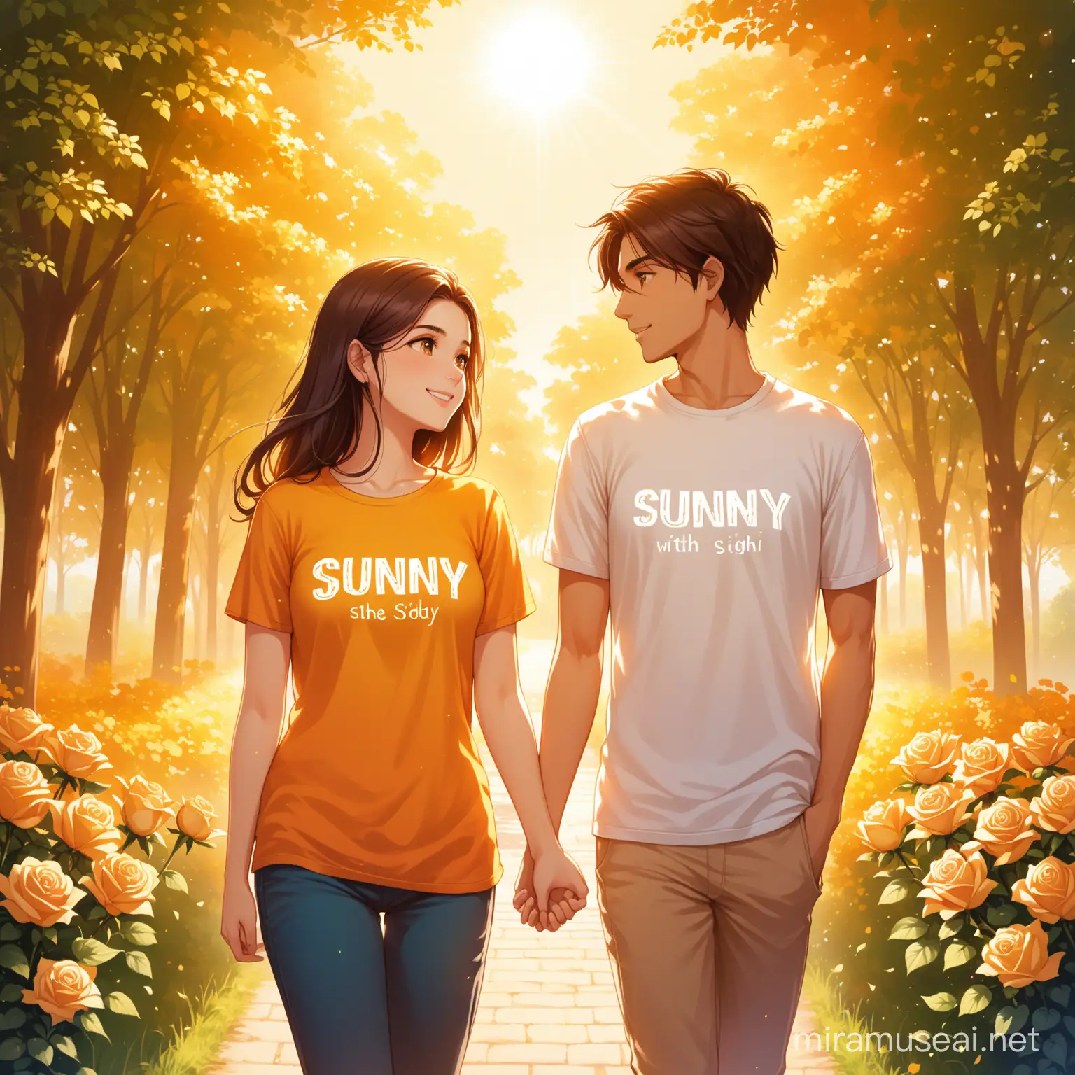 Imagine a sunny day with two people standing close together. The first person is wearing a T-shirt with the word "Sunny" printed on it, radiating warmth and cheerfulness. The second person, a girl named Siddhi, is wearing a T-shirt with her name printed on it, accompanied by a beautiful rose design. As they stand side by side, the sunny atmosphere complements the vibrant colors of their T-shirts, creating a picturesque moment filled with joy and affection.
