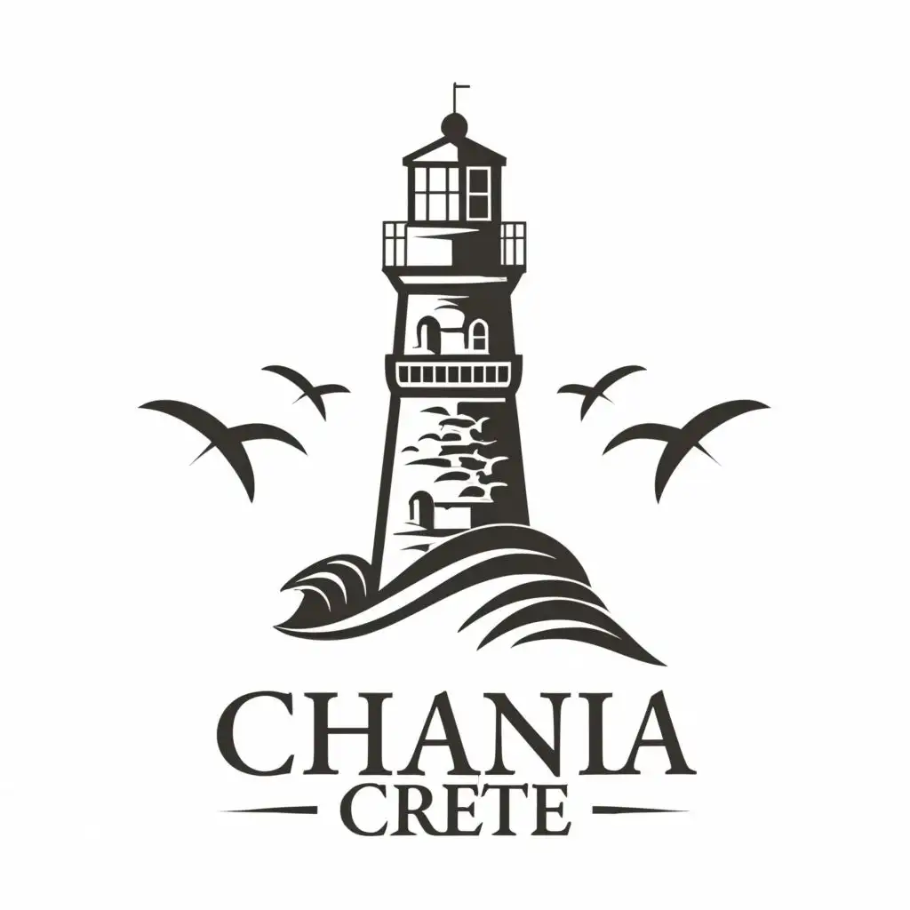 LOGO-Design-For-Chania-Crete-Majestic-Black-and-White-Lighthouse-with-Waves