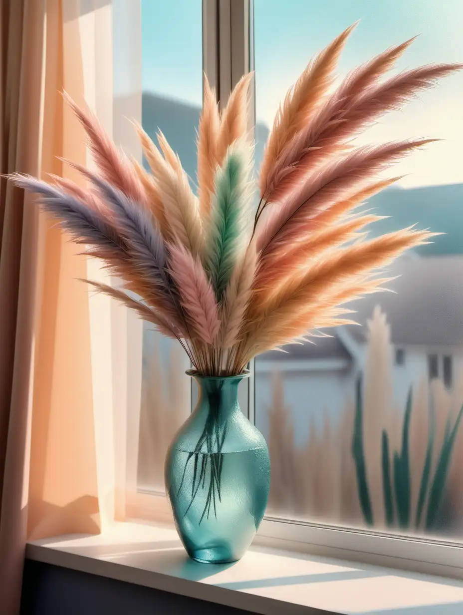 Pastel Pampas Arrangement Adorning Window in Aquarelle Art Style