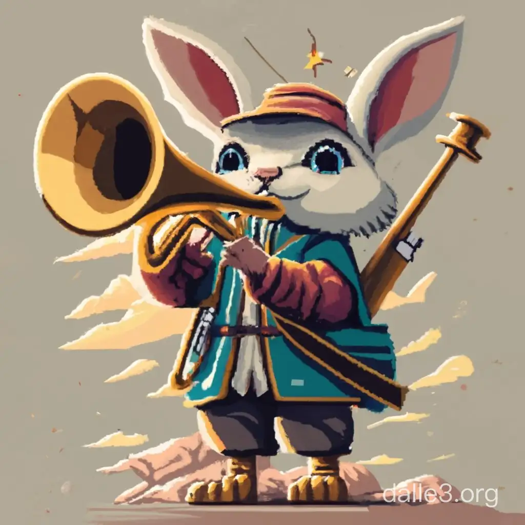 pixel art, shrew rabbit bard person, expressive humanoid, adventurer, standing tall, medieval traveler garments, playing the trumpet, instrument, shirt, clothes, bright eyes, 1 full body sprite, 2 legs, realistic, detailed art, white background, Natural lighting, sunlight Colour palette, amazing video game art