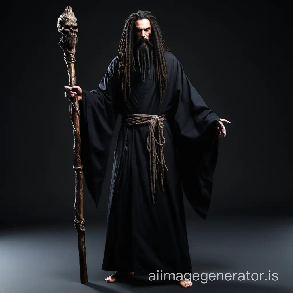 warlock black dreadlocks black long beard wooden staff black robe