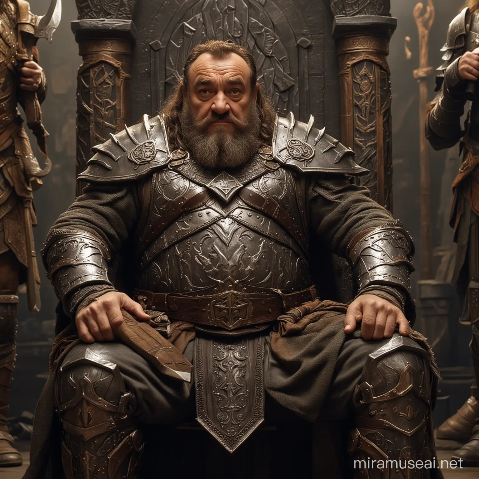 John Rhys-Davies as muscular dwarven king in a throne room, clad in armor with a gigant axe in lap