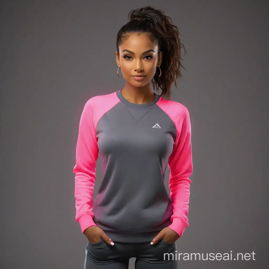AI Female Fitness Coach vibrant neon sweater standing tall model