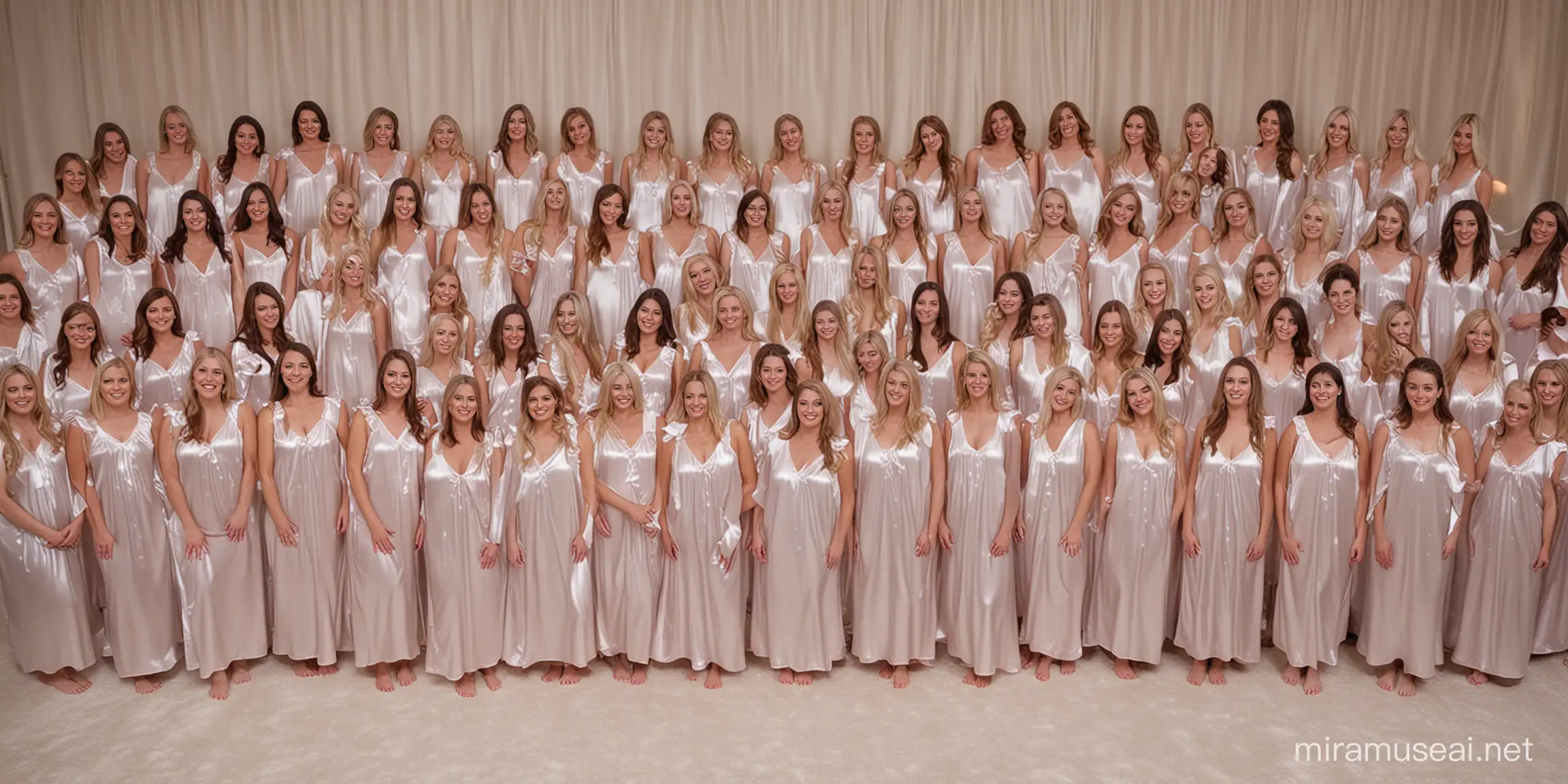 30 women in milky satin nightgowns stand in 10 rows on a huge satin bed look you