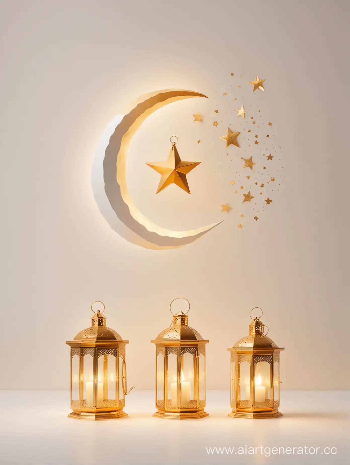 Modern-Islamic-Ramadan-Moon-Star-and-Lantern-Concept-on-Golden-and-White-Background