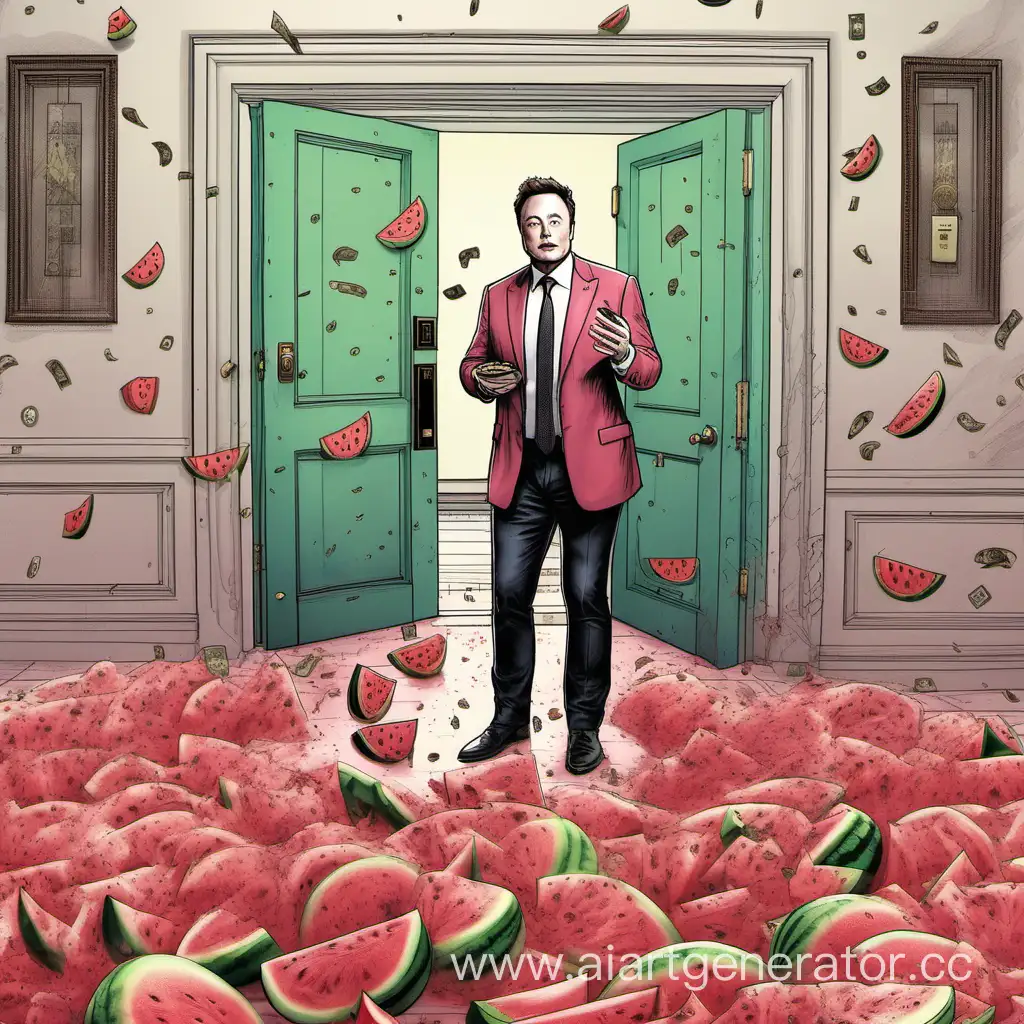 Elon-Musk-with-Watermelons-and-Scattered-Dollars-at-Door-Entrance