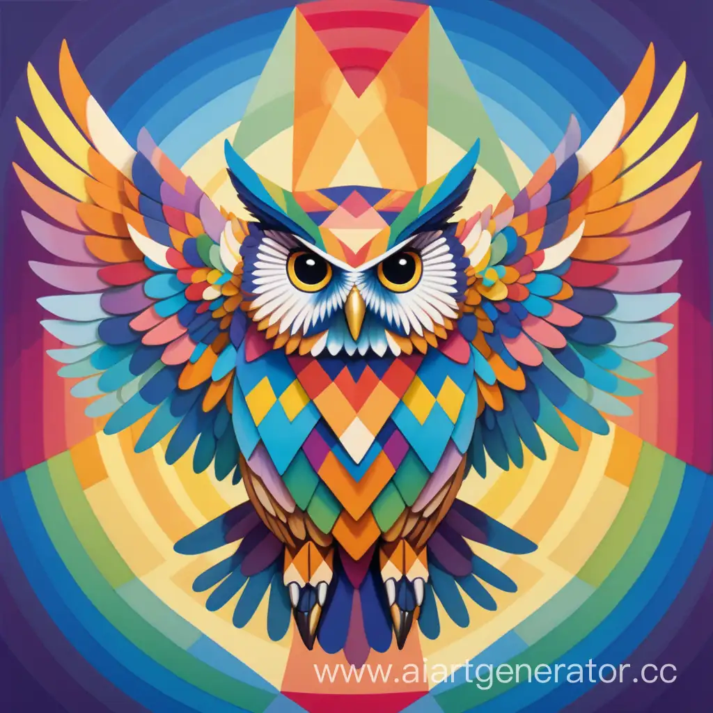 Colorful-Geometric-Owl-with-Dog-Head-Spreading-Its-Wings
