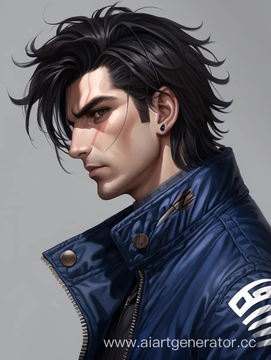 Парень, темные волося, гонщик, темно-синяя куртка, высокий ворот, брутальный, аккуратно уложеные волосы