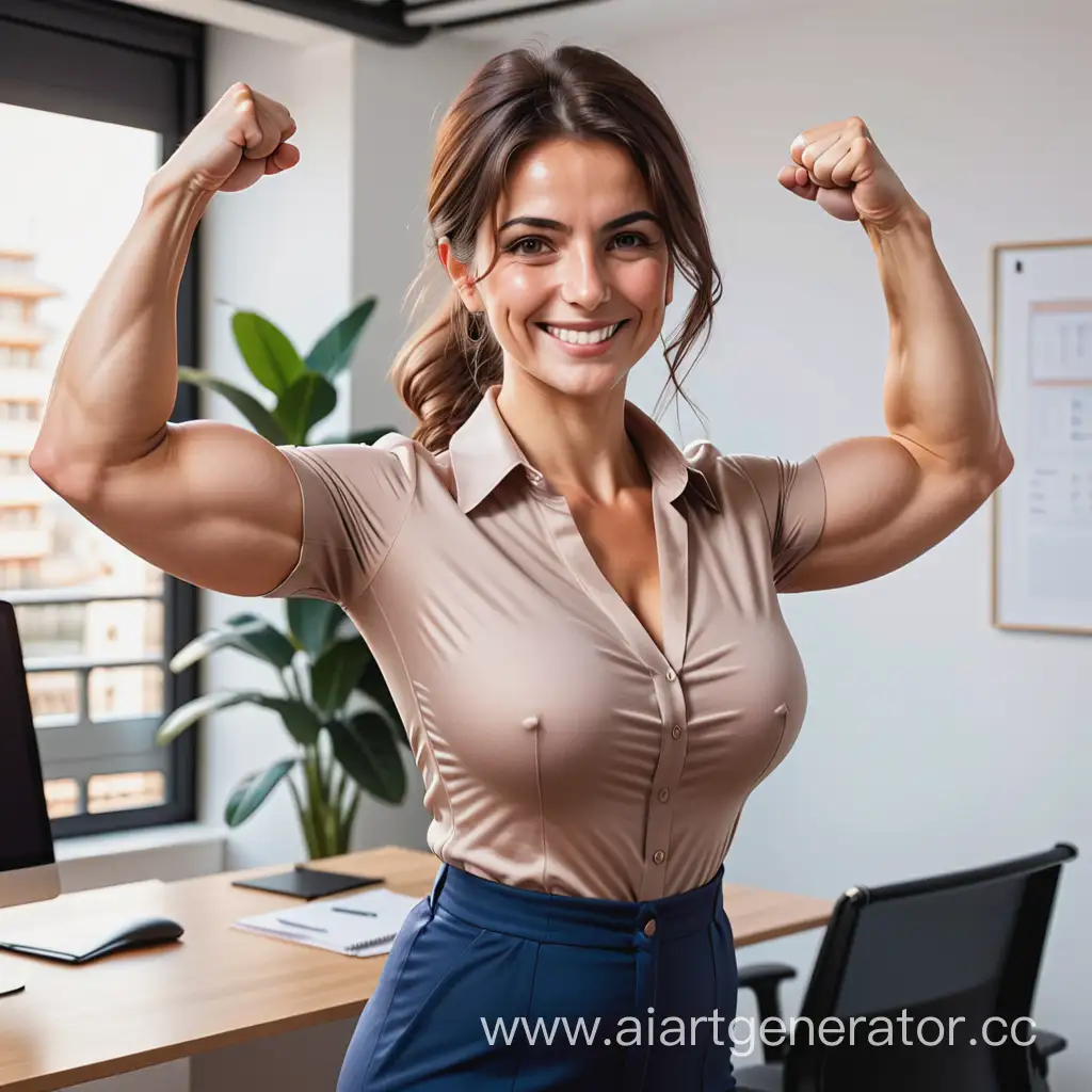 70 kg italian office lady stand up and smiling, victory pose flexing her muscle 